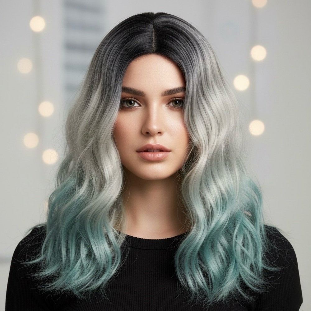 Womens Ombre Teal Silver Black Wavy Hairpiece Wig